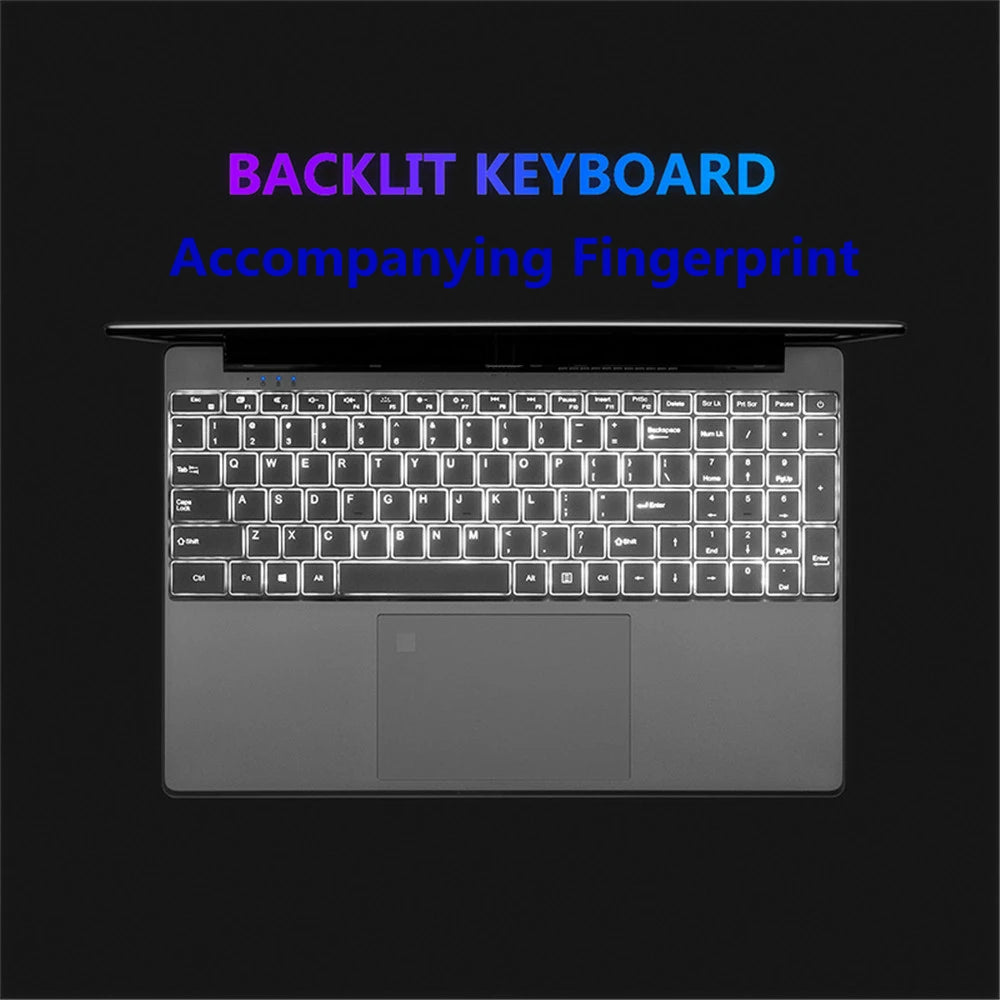 Top view of a laptop with a backlit keyboard and highlighted fingerprint sensor. Text above reads "Backlit Keyboard" and "Accompanying Fingerprint" in gradient colors.