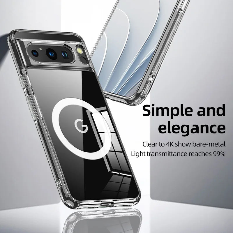 Clear phone case showcasing sleek design and transparency on a smartphone, highlighting camera cutouts and reflective surface with text promoting simplicity and 99% light transmittance.