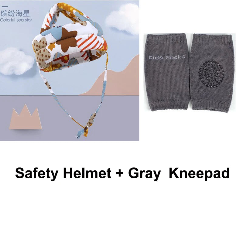 Colorful baby safety helmet with cute patterns and gray kneepads on display. The helmet features a whimsical, child-friendly design, and the kneepads have a non-slip grip.