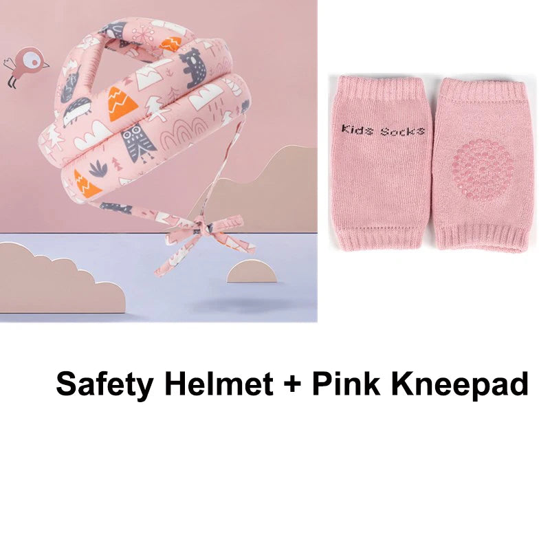 Pink baby safety helmet with cute animal patterns and matching pink kneepads. The helmet ties under the chin, while the kneepads have text "Kid's Socks" and grip patterns.