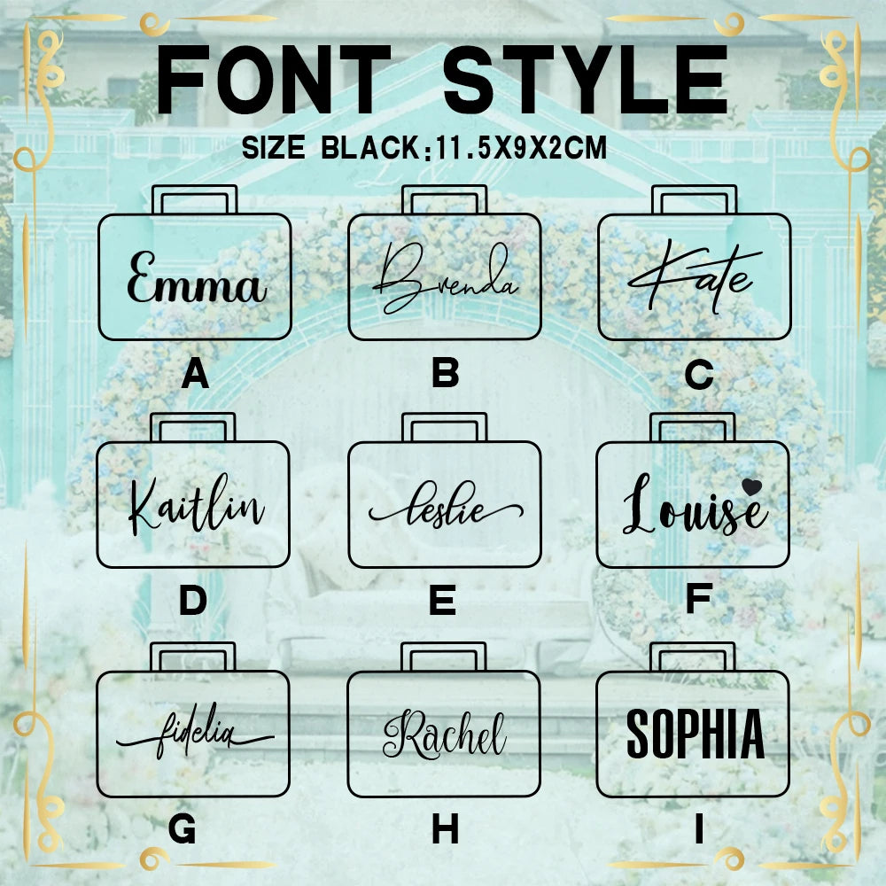 Nine suitcase icons display different font styles for names: Emma, Brenda, Kate, Kaitlin, Leslie, Louise, Fidelia, Rachel, and Sophia. Background features floral arch and teal decor.