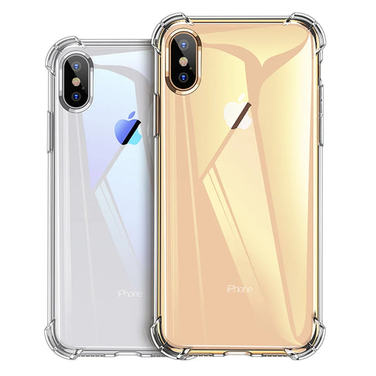 Two iPhones with transparent protective cases, one silver and one gold. The cases reveal the Apple logo and provide reinforced corner protection.