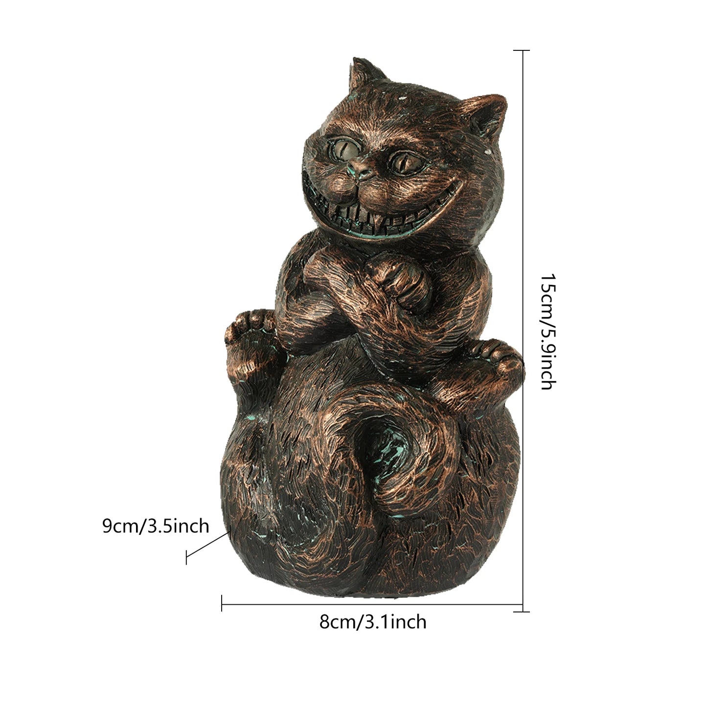 Bronze cat sculpture with a wide grin, measuring 15cm tall, 9cm deep, and 8cm wide. The cat is depicted sitting with its paws crossed on its chest.