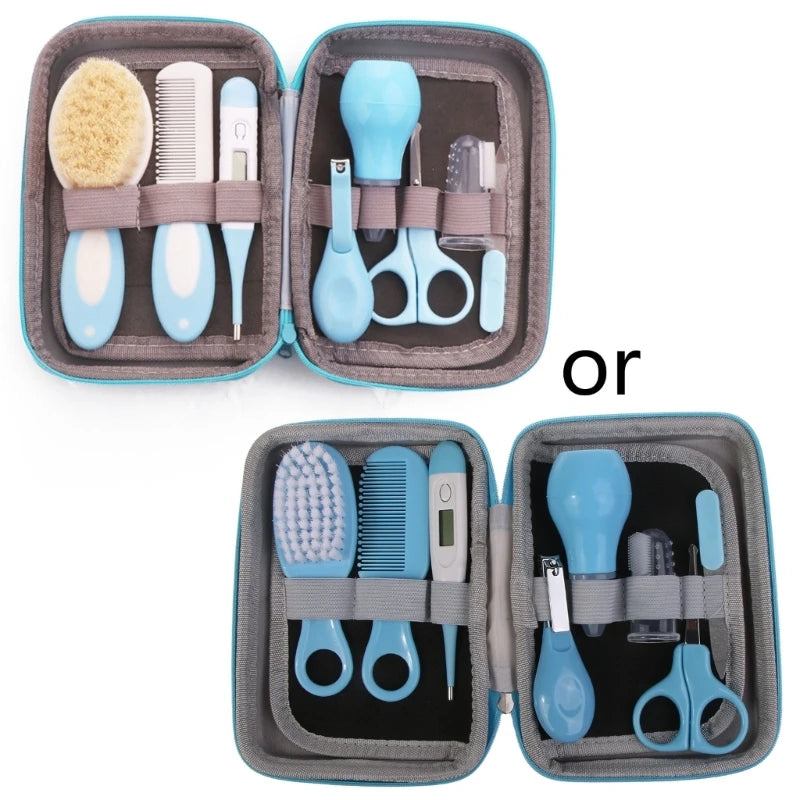 Baby grooming kit in a blue case, featuring a brush, comb, thermometer, nail clippers, scissors, medicine dropper, and finger toothbrush. Two sets are shown in open position.
