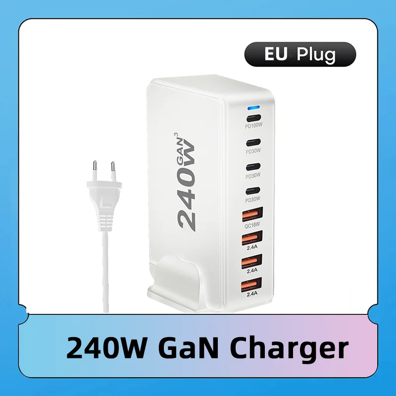 240W GaN charger with EU plug, featuring multiple ports labeled PD100W, PD30W, QC18W, and 2.4A. The charger is white with red and black accents.