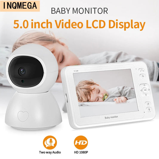 Smart baby monitor featuring a 5-inch video LCD display shows a sleeping child. White camera with heart icon, offering two-way audio and HD 1080P. Brand name "INQMEGA."