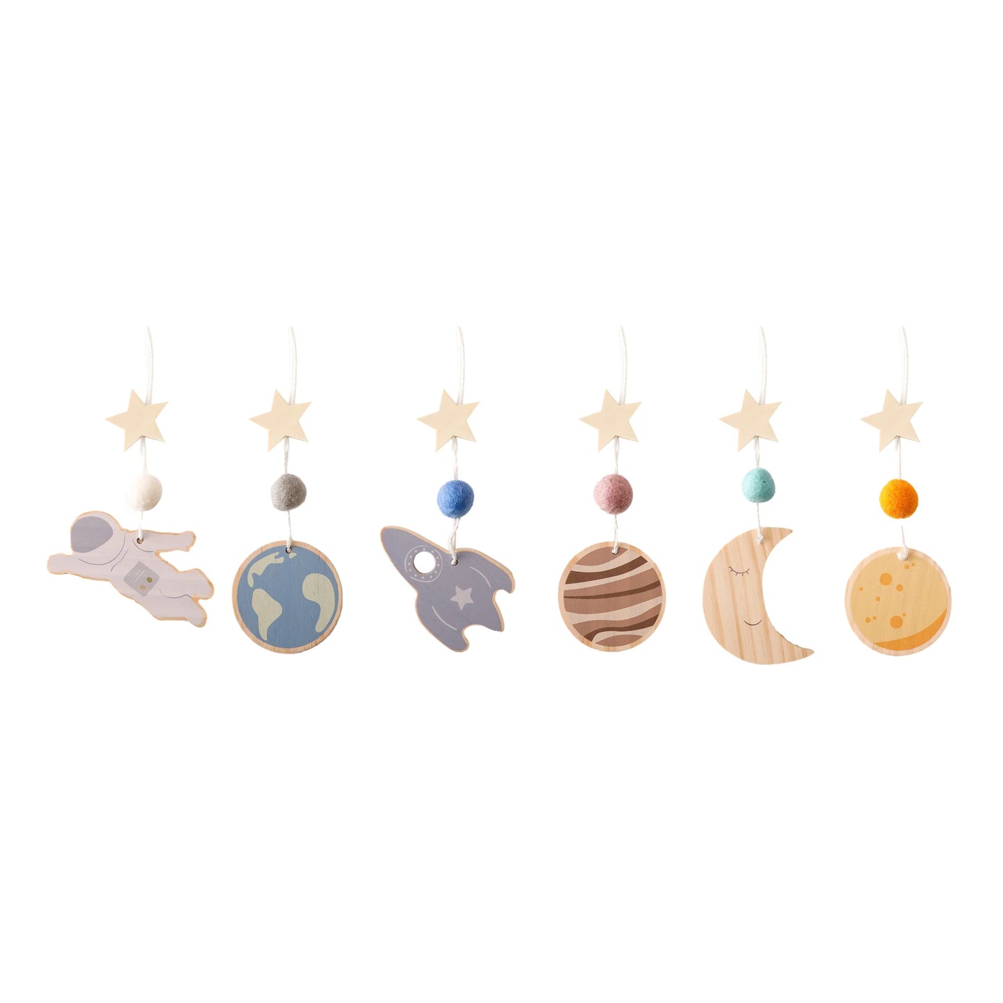Hanging nursery mobile with space-themed wooden ornaments: astronaut, Earth, rocket, planet, crescent moon, and sun, each suspended from a star and colored felt ball.