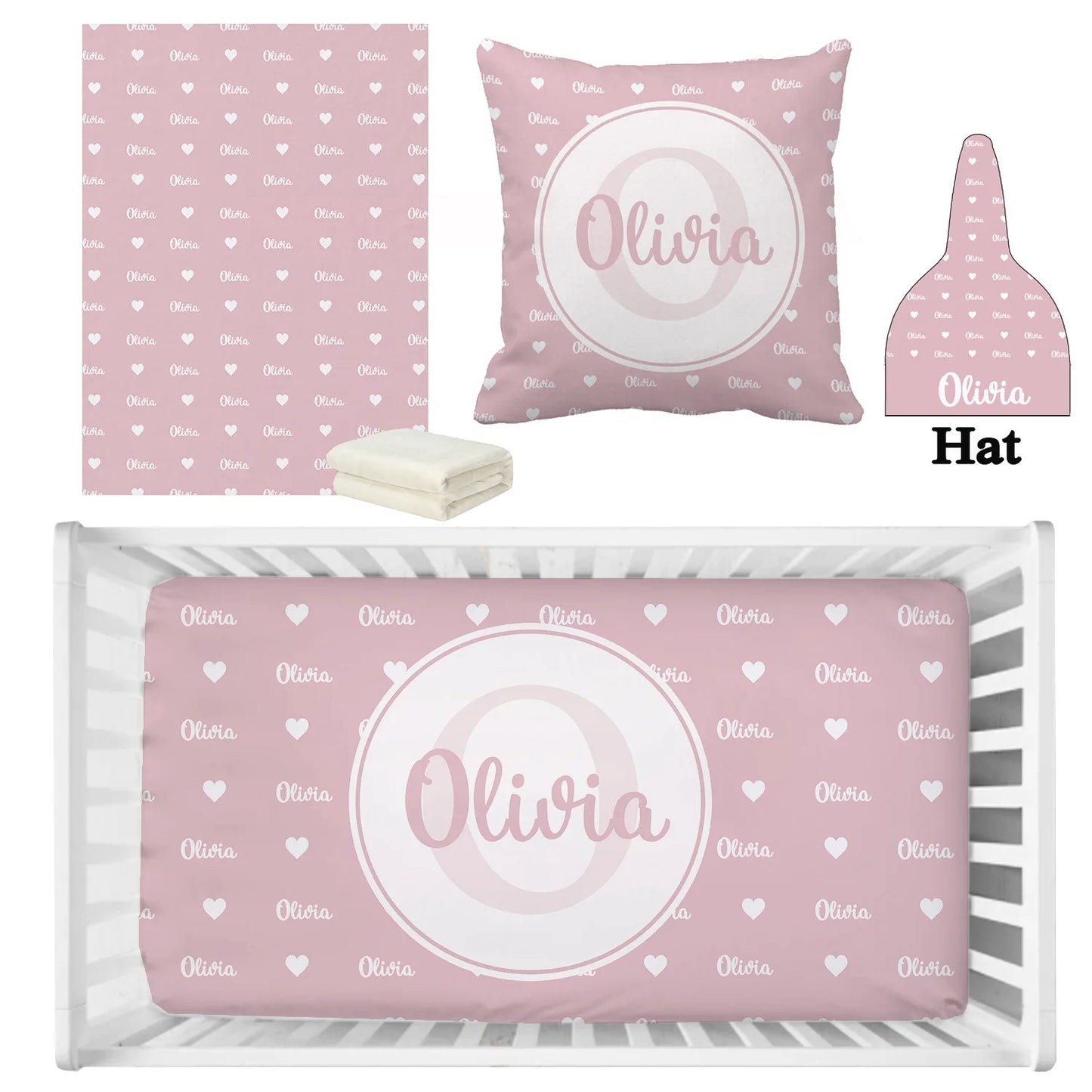 Pink baby bedding set with personalized name "Olivia," featuring hearts. Includes a sheet, pillow, hat, and blanket, all in matching design with a crib setup.