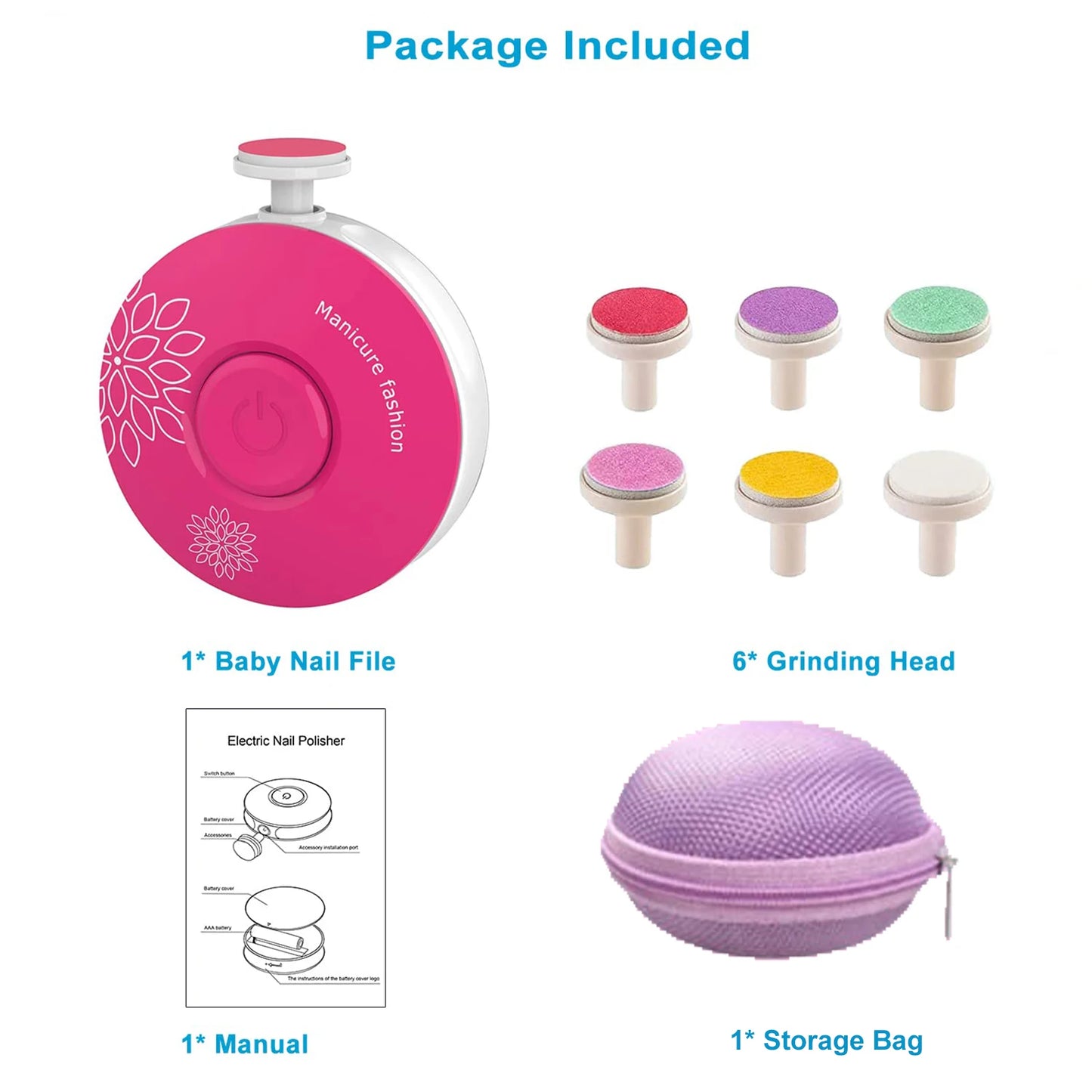 Pink baby nail file set with six colorful grinding heads, an instruction manual, and a purple storage bag. Text reads: "Package Included."