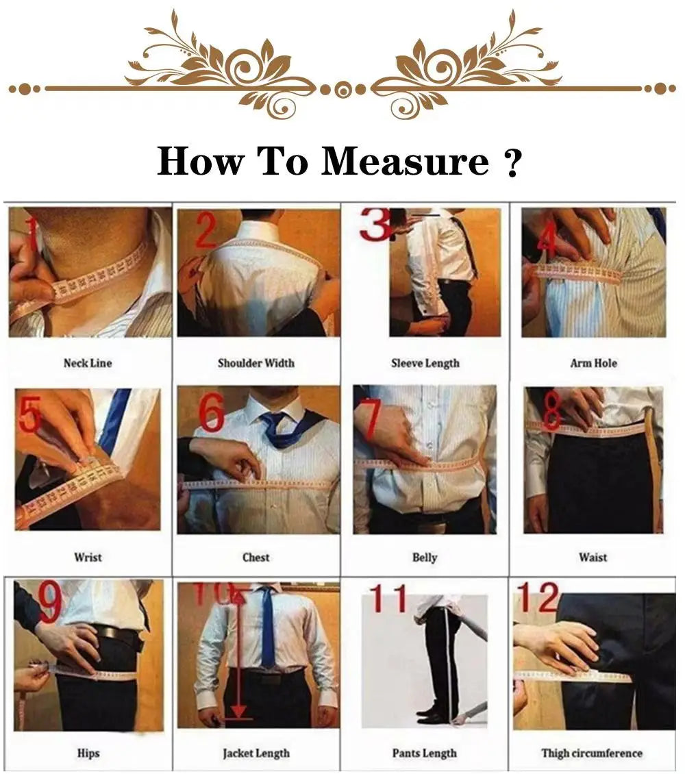 Instructional image showing how to measure: neck, shoulders, sleeve, armhole, wrist, chest, belly, waist, hips, jacket, pants length, and thigh circumference.