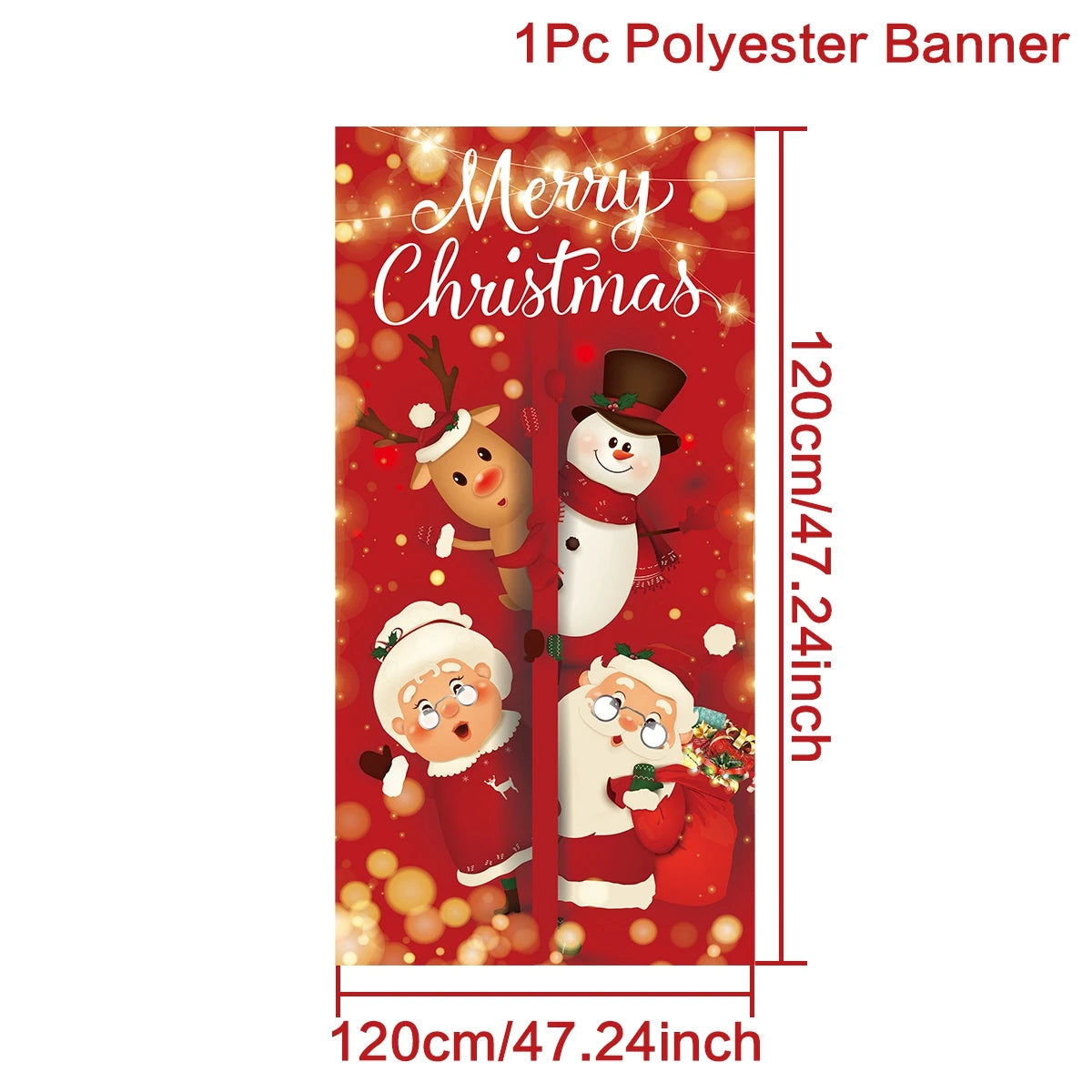 Festive red Christmas banner with "Merry Christmas" text, featuring Santa, Mrs. Claus, a snowman, and a reindeer. Banner dimensions are 120cm by 120cm, made of polyester.