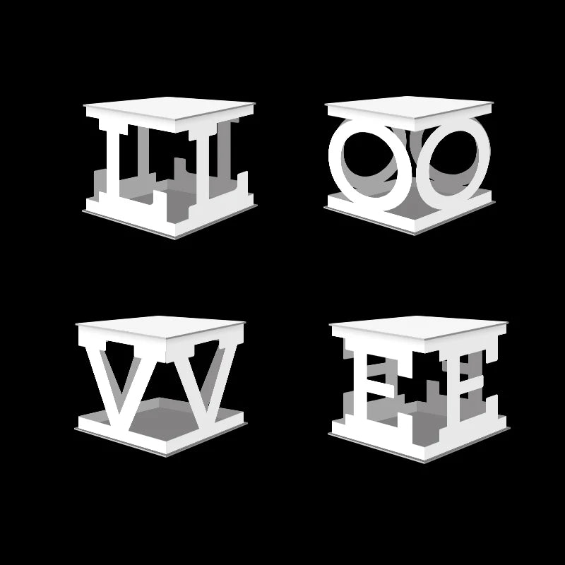Four white 3D structures on a black background, each shaped like a capital letter: F, O, V, and E. Each structure is cubic with the letter cut out in the center.