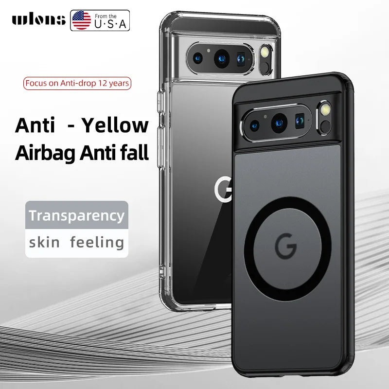 Transparent and black phone cases with anti-drop features displayed. Branding text reads "Focus on Anti-drop 12 years" and "Transparency skin feeling." Circular design on the black case.