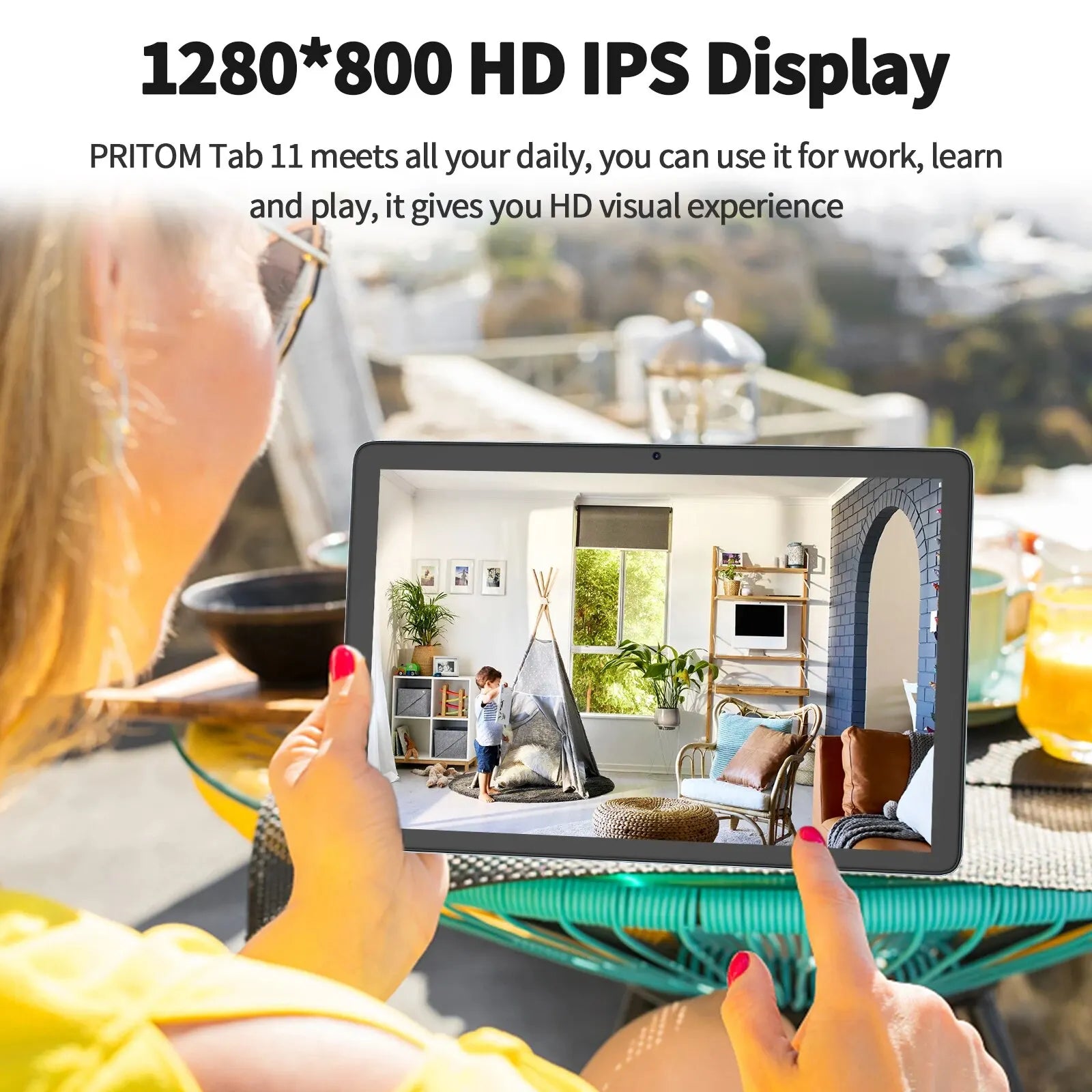 A woman holds a tablet displaying a living room scene with a child and teepee. Text reads "1280*800 HD IPS Display" promoting the PRITOM Tab 11's HD visual experience.