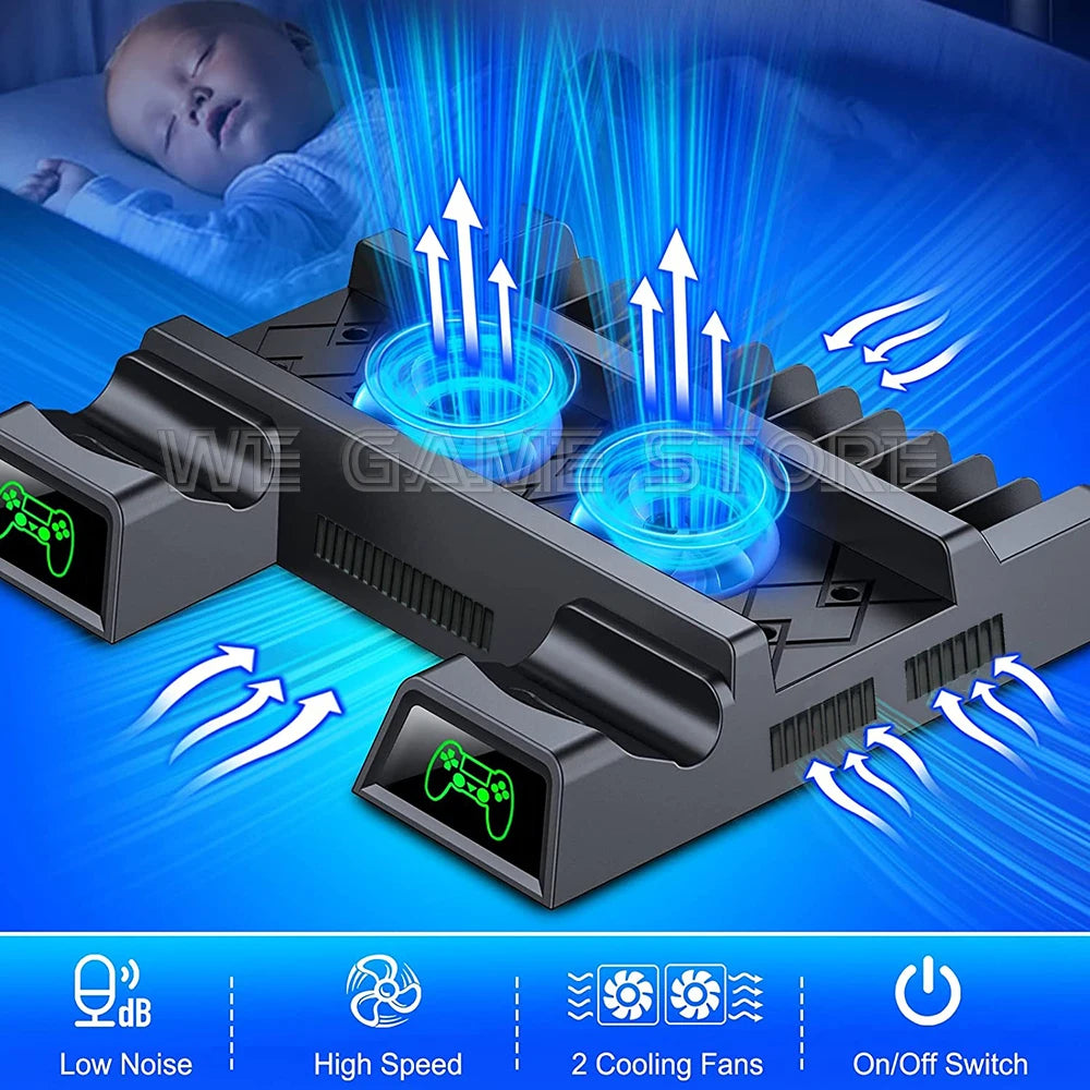 Gaming console cooling stand with two blue-lit fans, emitting airflow. Icons indicate low noise, high speed, two cooling fans, and an on/off switch. A sleeping child is in the background.