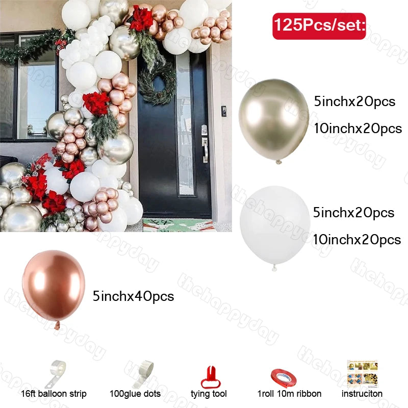Balloon arch kit with gold, white, and rose gold balloons decorates an entryway. Includes 125 pieces: various balloon sizes, balloon strip, glue dots, tying tool, ribbon, and instructions.