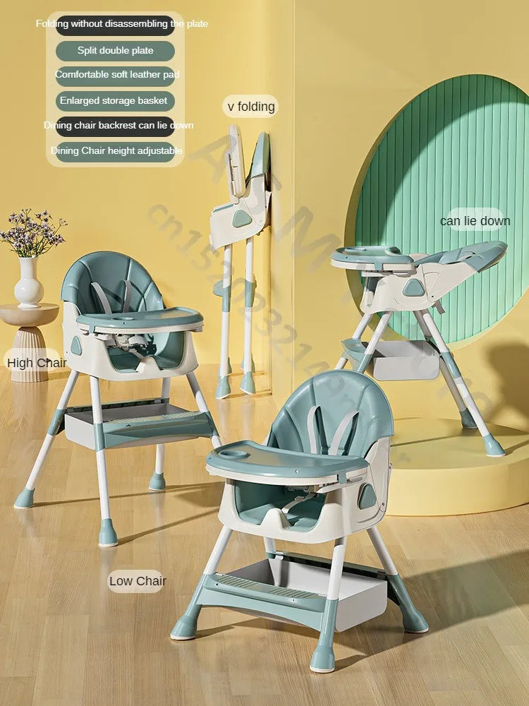 Green high chairs with adjustable features like folding, reclining, and split double plate on a wooden floor. Text highlights comfort, storage, and adjustability benefits.