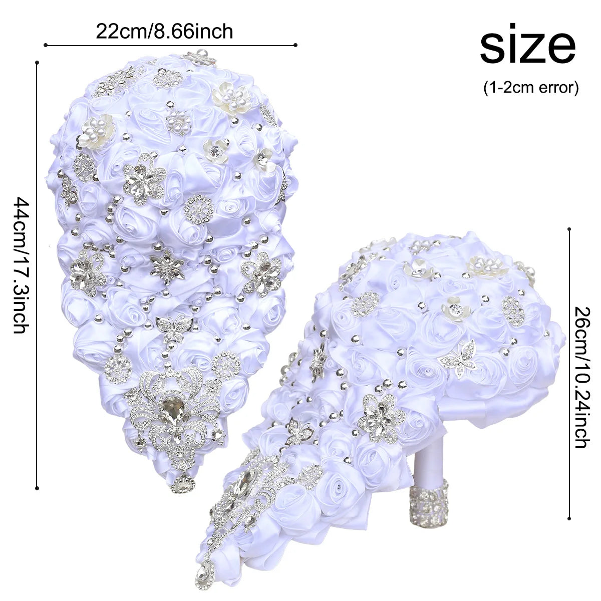 Elegant white bridal bouquet with intricate floral designs, adorned with sparkling rhinestones and silver accents. Dimensions: 22x44cm and 26x44cm.