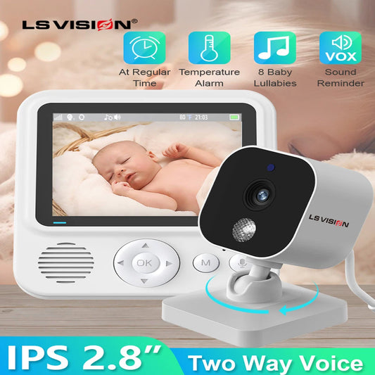 Baby monitor with a 2.8" IPS screen showing a sleeping baby. Features include regular time alerts, temperature alarm, 8 lullabies, sound reminder, and two-way voice.