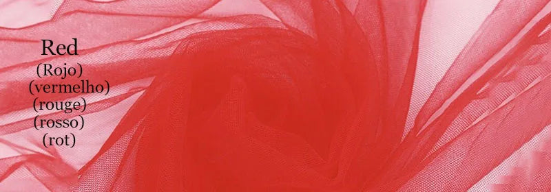 Sheer red fabric swirls with the word "Red" and its translations in Spanish, Portuguese, French, Italian, and German on the left: rojo, vermelho, rouge, rosso, rot.