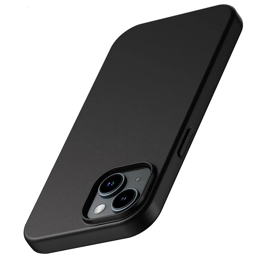 Sleek black smartphone case with dual camera cutout, shown at an angle. The design emphasizes a minimalist look with smooth edges and precise button placement.
