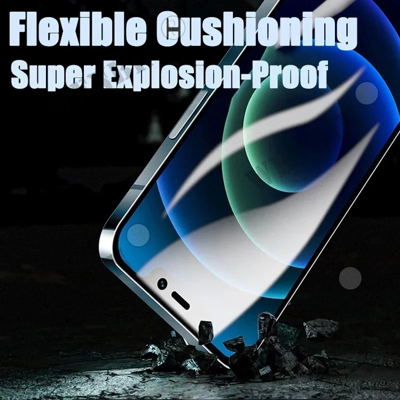 Close-up of a smartphone with a screen protector falling on a rough surface, demonstrating its durability. Text reads: "Flexible Cushioning, Super Explosion-Proof."