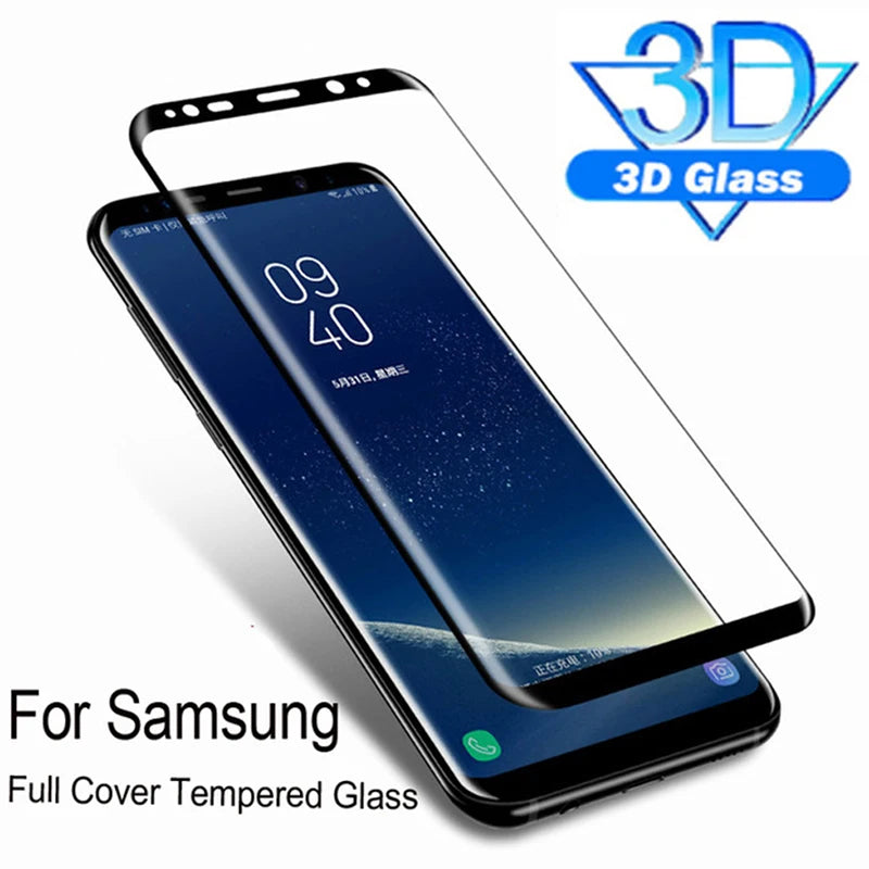 Transparent 3D tempered glass screen protector aligned above a Samsung smartphone, showcasing a sleek design. Text reads: "For Samsung Full Cover Tempered Glass."