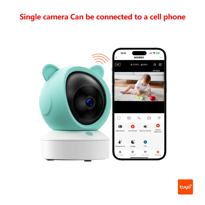 A baby monitor camera with a turquoise bear design next to a smartphone displaying a live video feed of a baby playing. Text indicates the camera connects to a phone via an app.