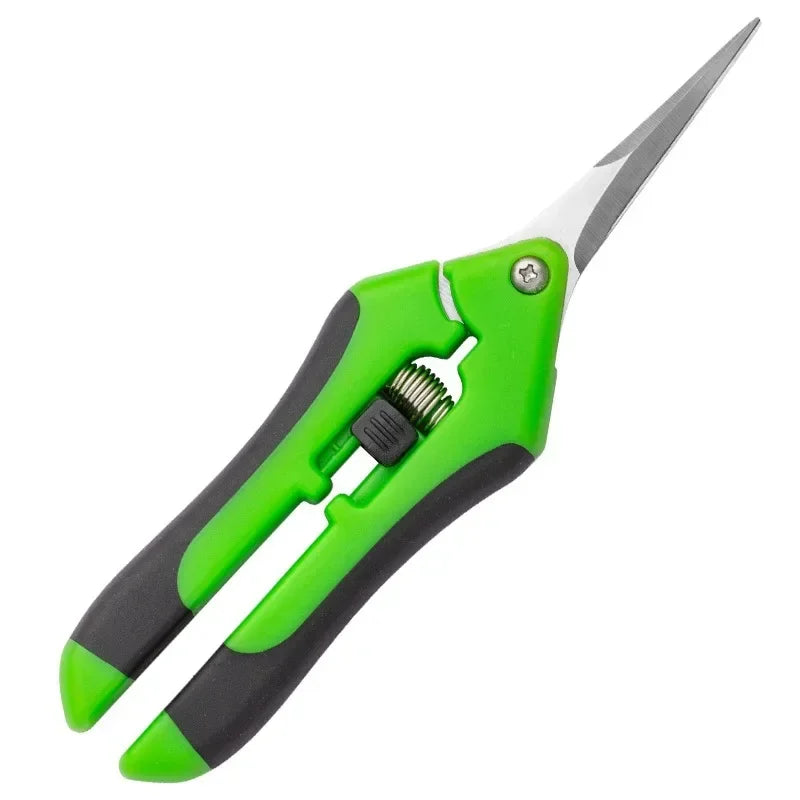 Green and black pruning shears with sharp, pointed blades and a spring mechanism, designed for gardening tasks. The ergonomic handle features a safety lock.