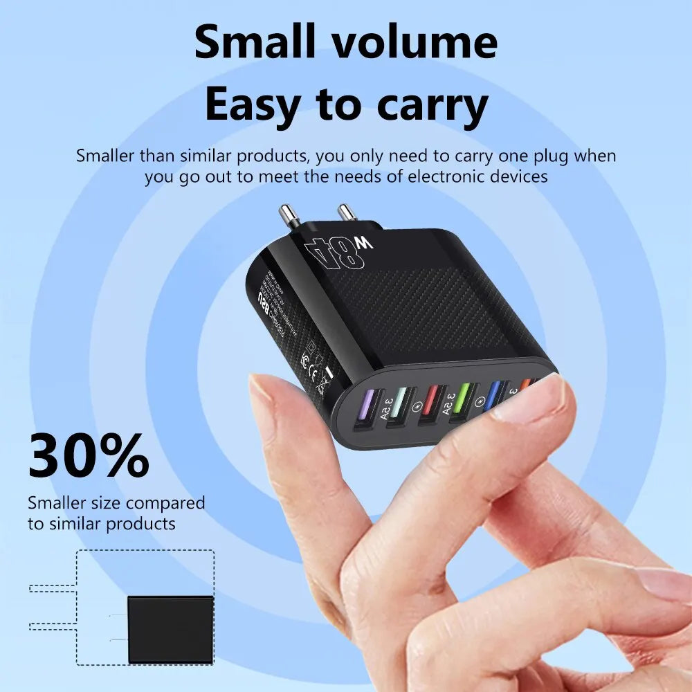 Compact 18W charger with multiple USB ports held between fingers. Text highlights its small size, ease of portability, and 30% size reduction compared to similar products.