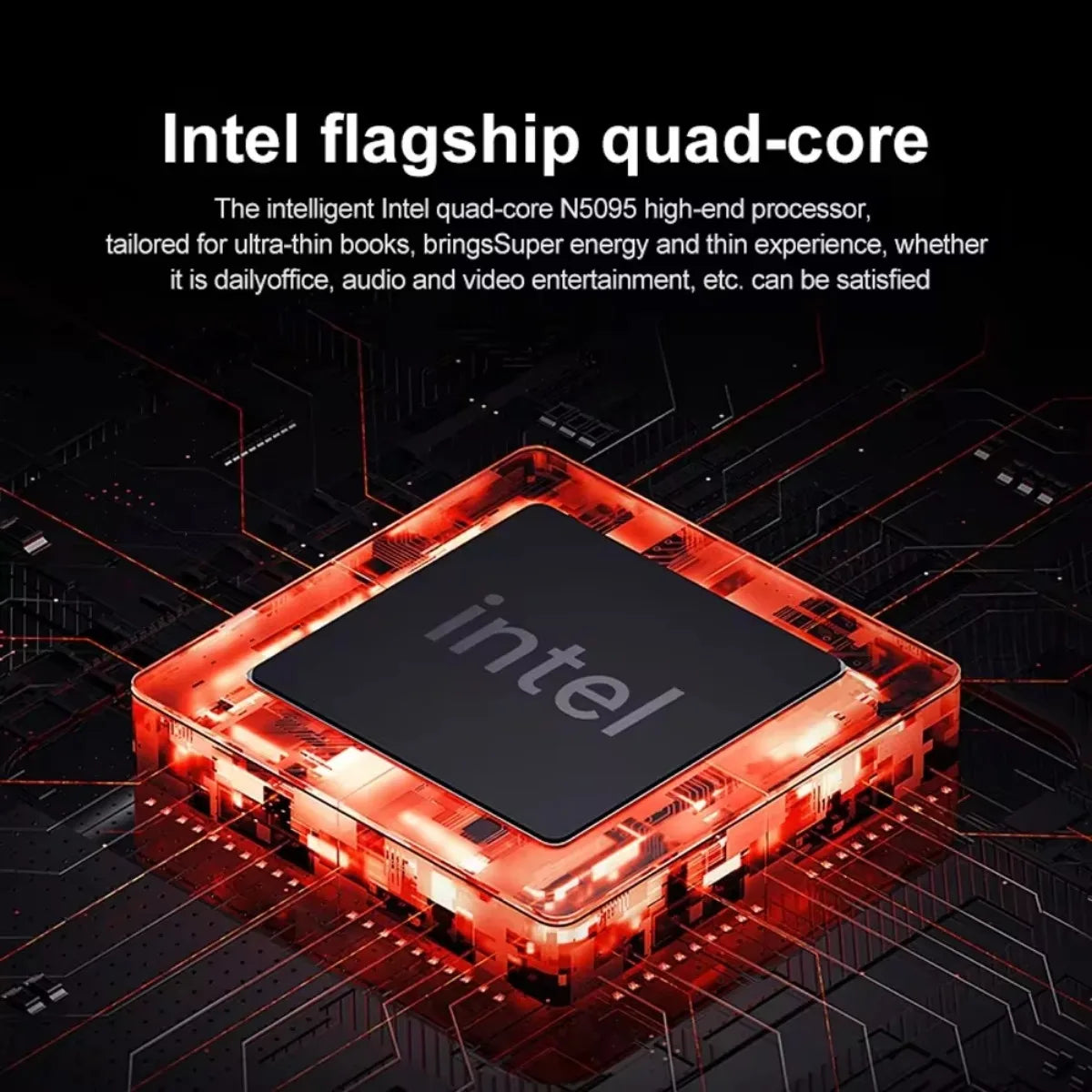 Image shows an Intel quad-core N5095 processor glowing in a futuristic orange and black setting. Text highlights its performance for ultrabooks, audio, video, and office tasks.