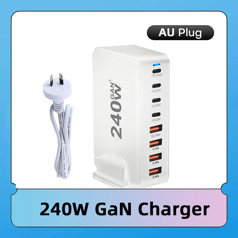 240W GaN charger with multiple USB ports and an AU plug. The white device features labels for various power outputs, including PD100W, PD30W, QC18W, and 2.4A.