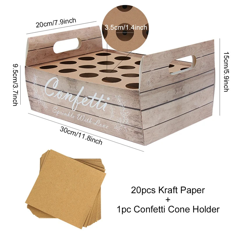 Wooden-style confetti cone holder with 24 holes, measuring 30x20x15cm, includes 20 pieces of Kraft paper. Labeled "Confetti Sprinkle With Love" in white script.