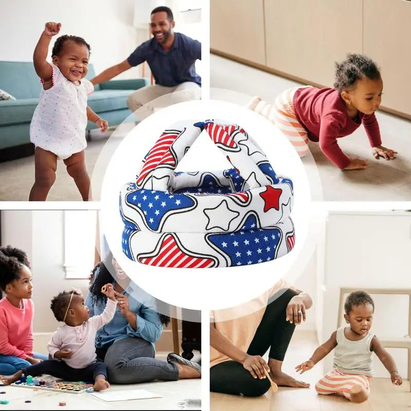 Collage of happy toddlers playing and crawling indoors, with children interacting with adults. Central focus on a cushioned playset with a patriotic stars and stripes pattern.