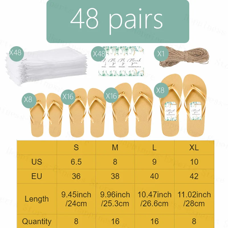 Image showing 48 pairs of gold flip-flops in sizes S to XL, 48 white bags, 48 thank you cards, and one rope. A size chart details US and EU sizes with quantities.