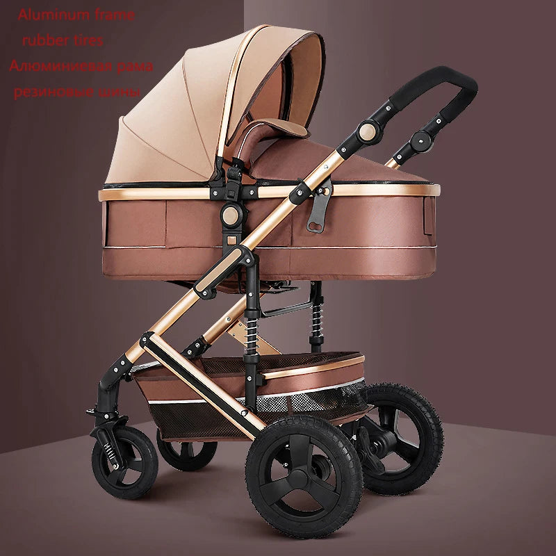 Luxurious beige and brown baby stroller with an aluminum frame and large rubber tires. The stroller has a retractable canopy and a storage basket underneath, set against a dark background.