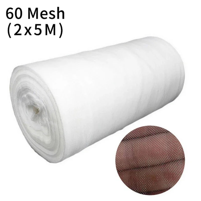 Roll of 60 mesh netting, measuring 2x5 meters, shown in white. A circular inset displays the fine mesh texture with a close-up view, highlighting its weave detail.