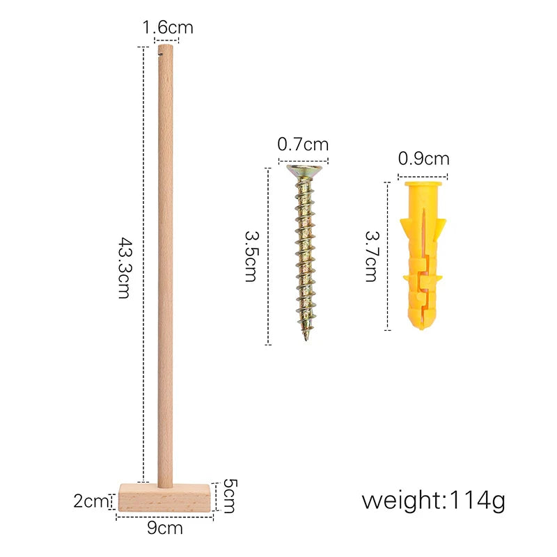 Wooden rod with dimensions, 43.3cm height, 1.6cm width, on a 9x5x2cm base. Includes a 3.5cm screw and 3.7cm yellow wall plug. Total weight 114g.