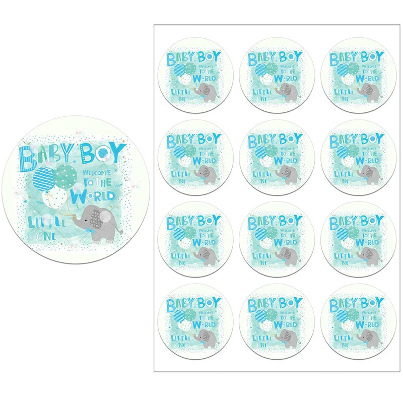 Round stickers with "Baby Boy, Welcome to the World, Little One" in blue and teal, featuring an elephant and balloons. A single enlarged sticker is shown next to a sheet of 12.