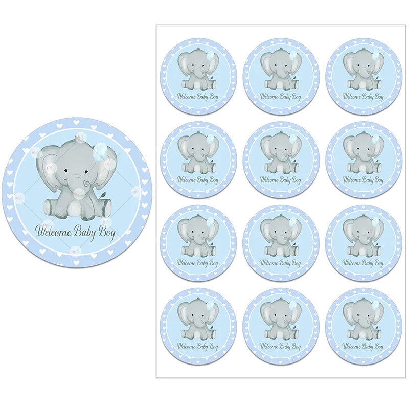 Blue circular stickers featuring a cute grey elephant with the text "Welcome Baby Boy" surrounded by white hearts. The sheet contains multiple identical stickers.