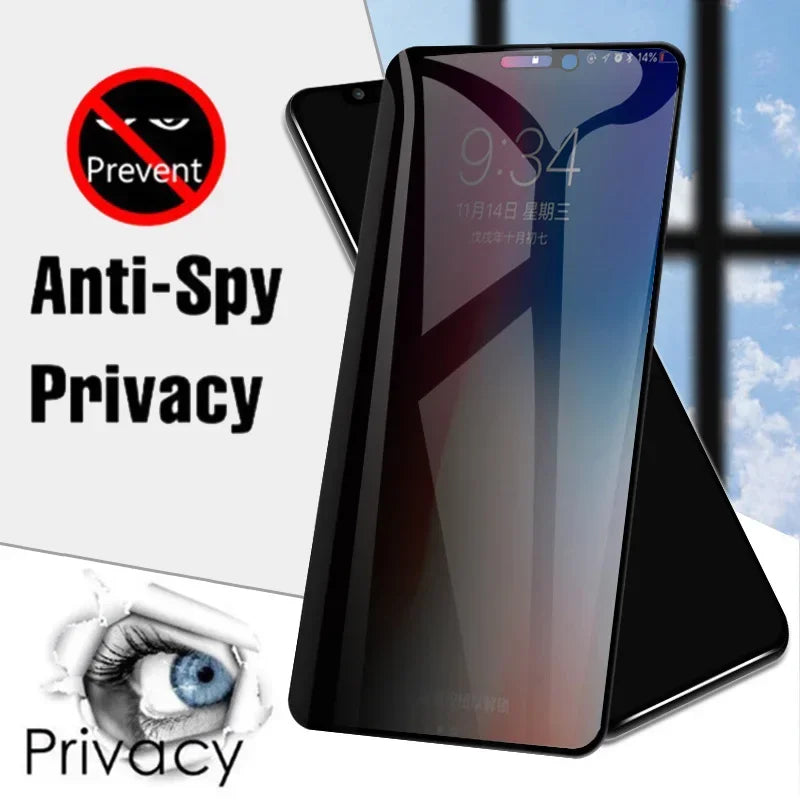 Smartphone with anti-spy privacy screen protector in front of a window. Text reads "Prevent Anti-Spy Privacy" with a no-eye symbol and an eye illustration.
