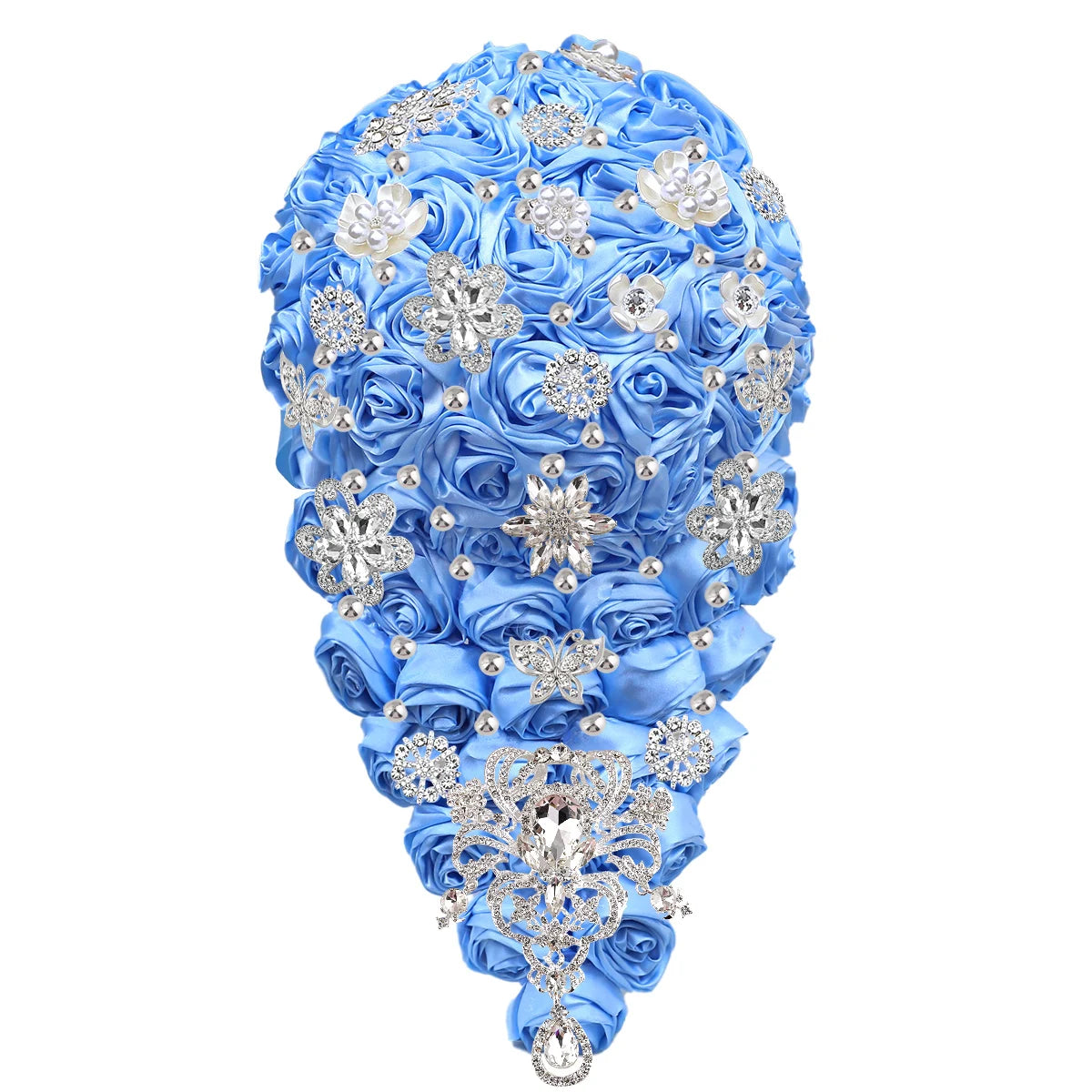 A teardrop-shaped bouquet of blue satin roses adorned with silver rhinestone embellishments and intricate floral brooches, combining elegance and sparkle.