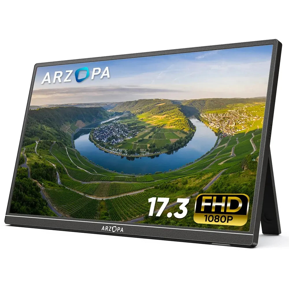 Portable monitor displaying a vivid landscape of a river winding through lush hills. The screen shows "ARZOPA" branding, and marked "17.3", "FHD", and "1080P" indicating size and quality.