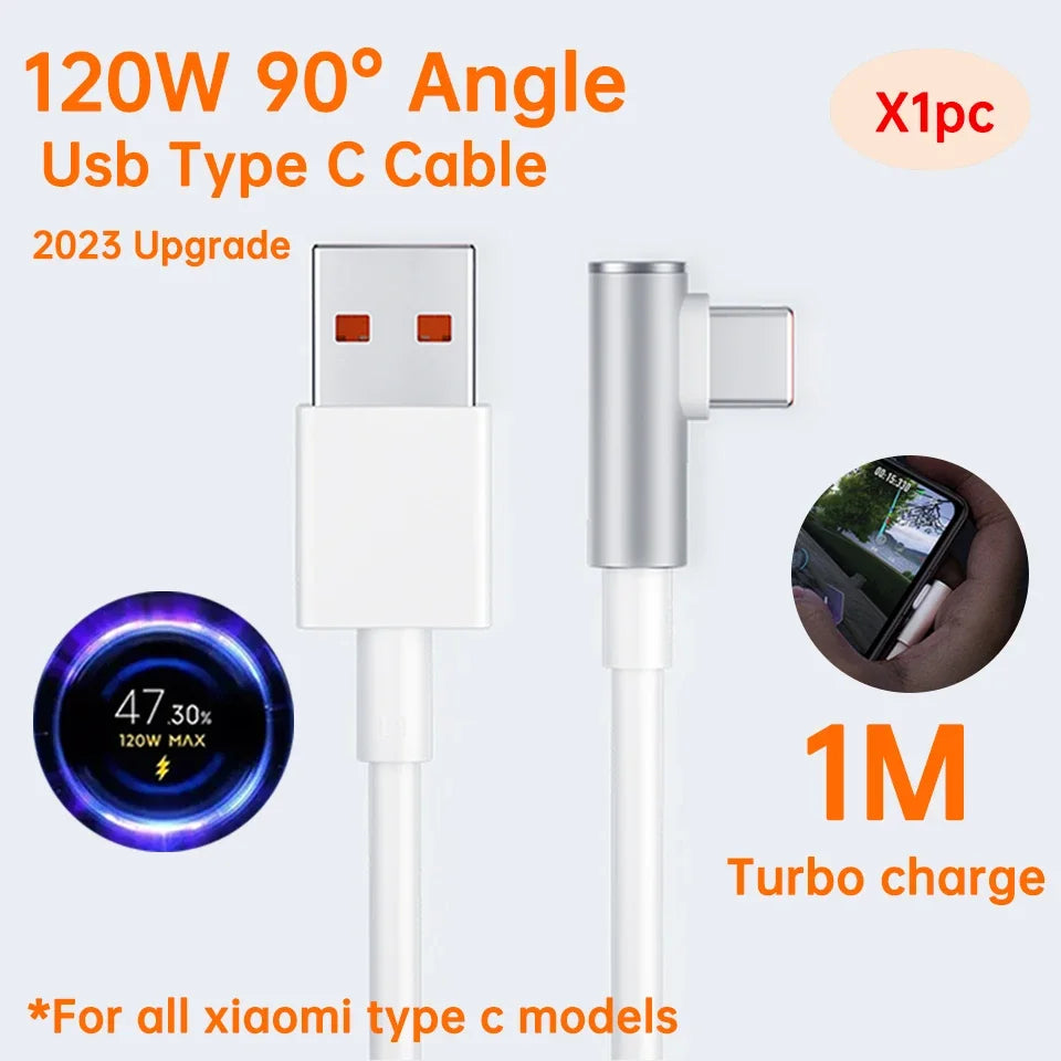 120W 90-degree USB Type-C cable for Xiaomi devices, 1m length, 2023 upgrade, turbo charge. Image shows a device charging and a graphic indicating 47% charge at 120W max.