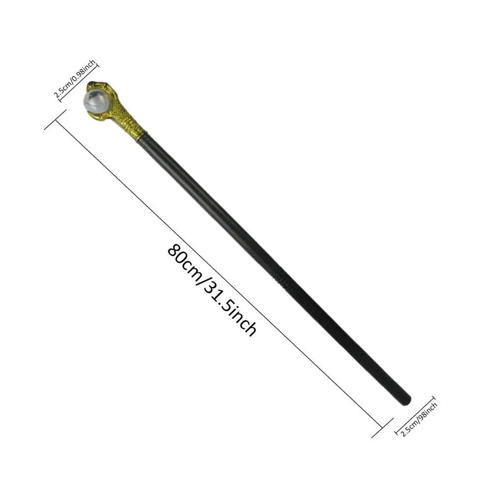 Black wand with a gold handle, featuring a white orb at the tip. Measurements: 80cm/31.5 inches in length and 2.5cm/0.98 inches in diameter.