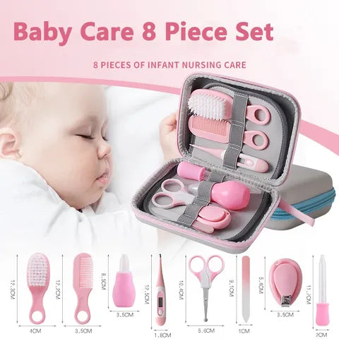 A sleeping baby beside an open case containing an 8-piece pink infant care set, including nail clippers, scissors, a thermometer, tweezers, and more. The set is displayed with item dimensions.