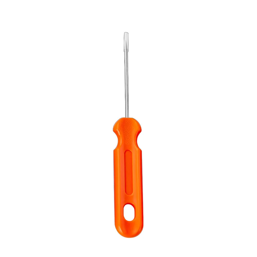 Orange-handled metal tool with a U-shaped tip, designed for specific tasks like gasket removal or O-ring retrieval. The handle has a hole for hanging.