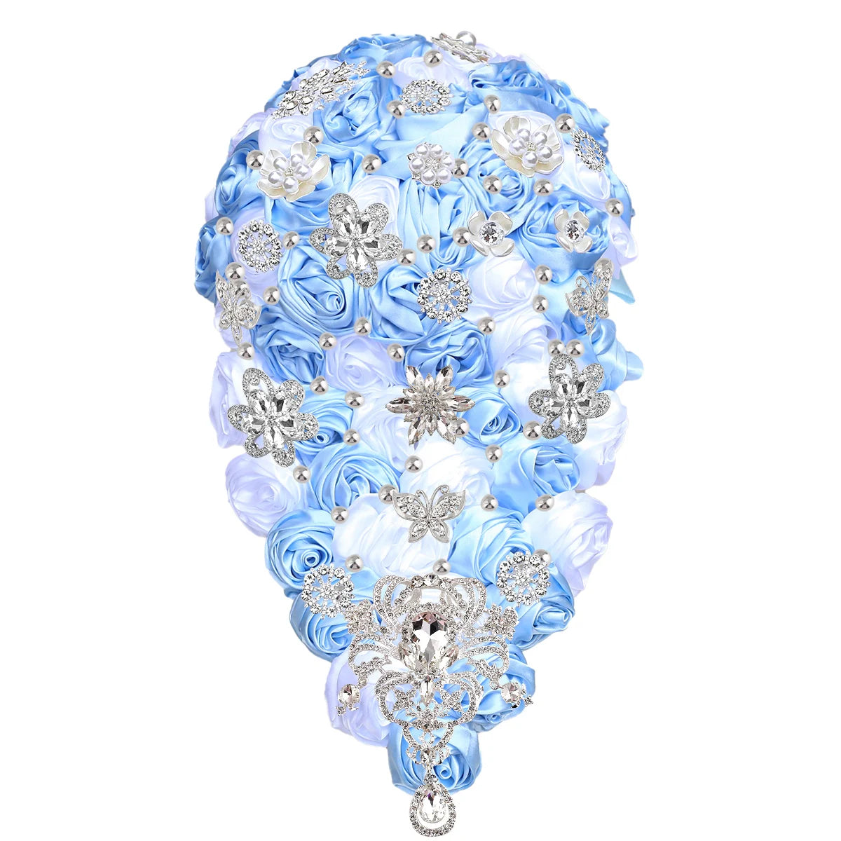 A bouquet of blue and white satin roses adorned with silver crystal brooches and pearls. The arrangement forms a teardrop shape, with intricate floral and butterfly motifs.