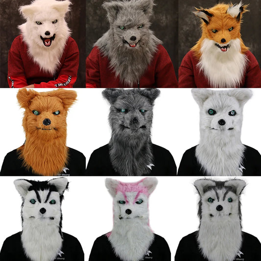 A collage of eight furry animal masks in various colors, including white, gray, orange, and black, displayed on mannequin heads, each with distinct expressions.