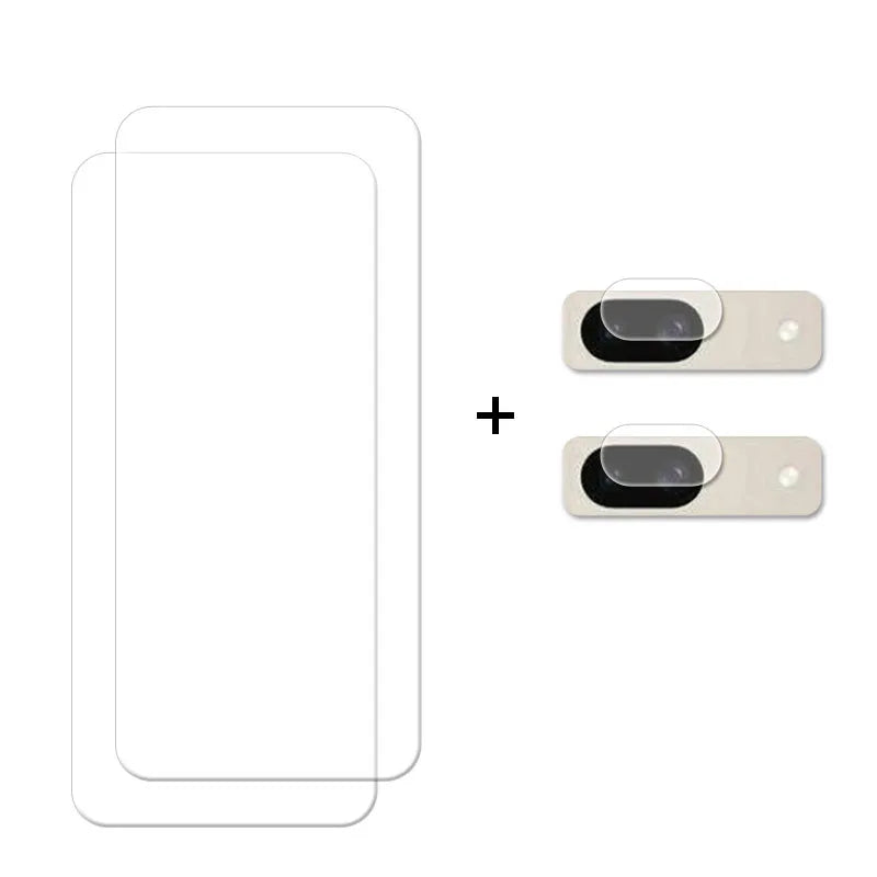 Two rectangular phone screen protectors and two camera lens covers on a white background with a plus sign in between them.